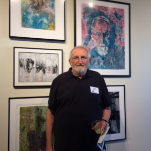 Jerry Harste and his artwork at the Signature Member Show, May 2016